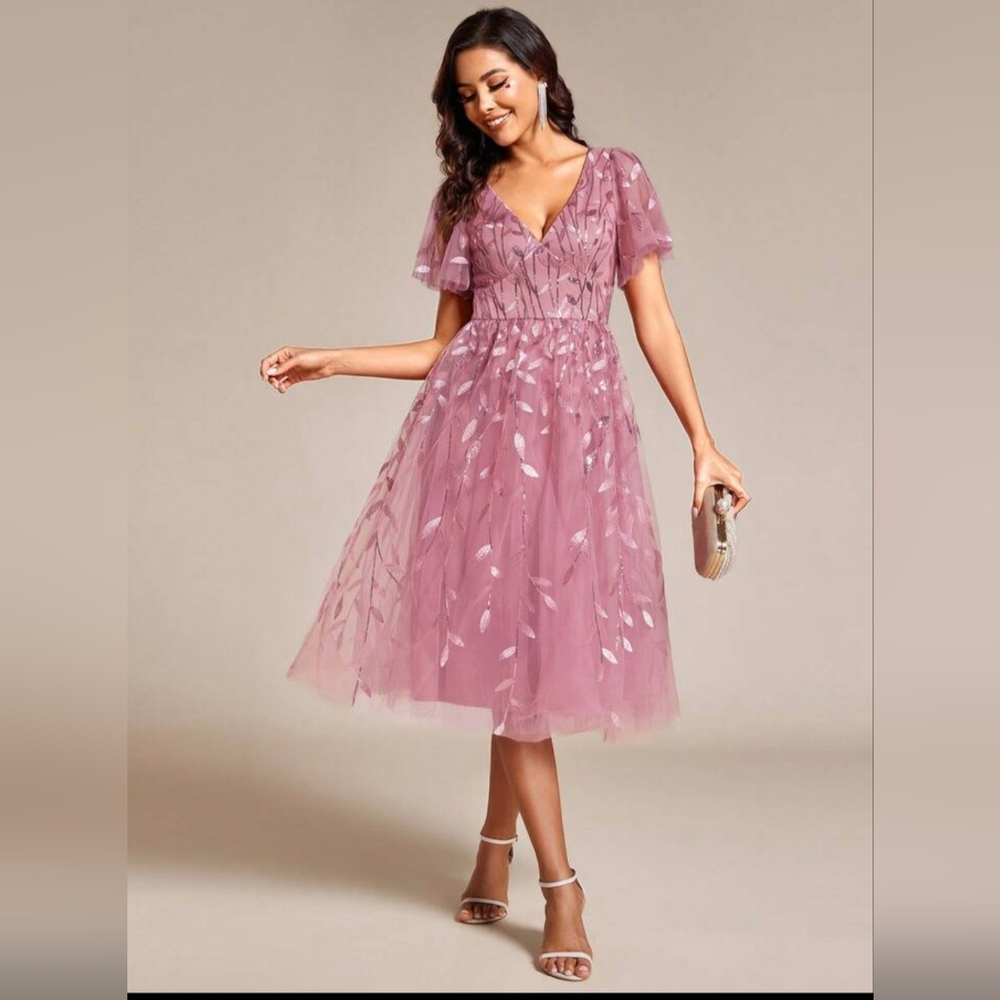 Med EVER PRETTY Elegant Pink Floral Sequin Butterfly Sleeve Evening Dress Party